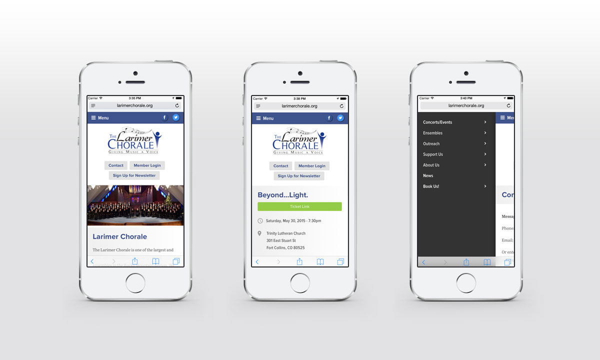 New Mobile Website Screenshots - The Larimer Chorale